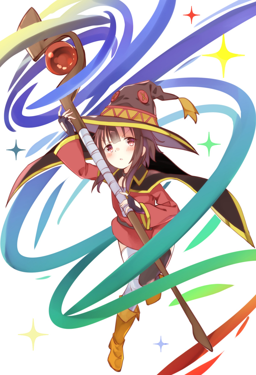 1girl agaki_anko bandage bandaged_leg belt blush boots brown_hair button_eyes cape choker fingerless_gloves gloves hat highres holding holding_staff kono_subarashii_sekai_ni_shukufuku_wo! magic maroon_eyes megumin mismatched_legwear short_hair_with_long_locks single_thighhigh solo staff thigh-highs white_background witch_hat