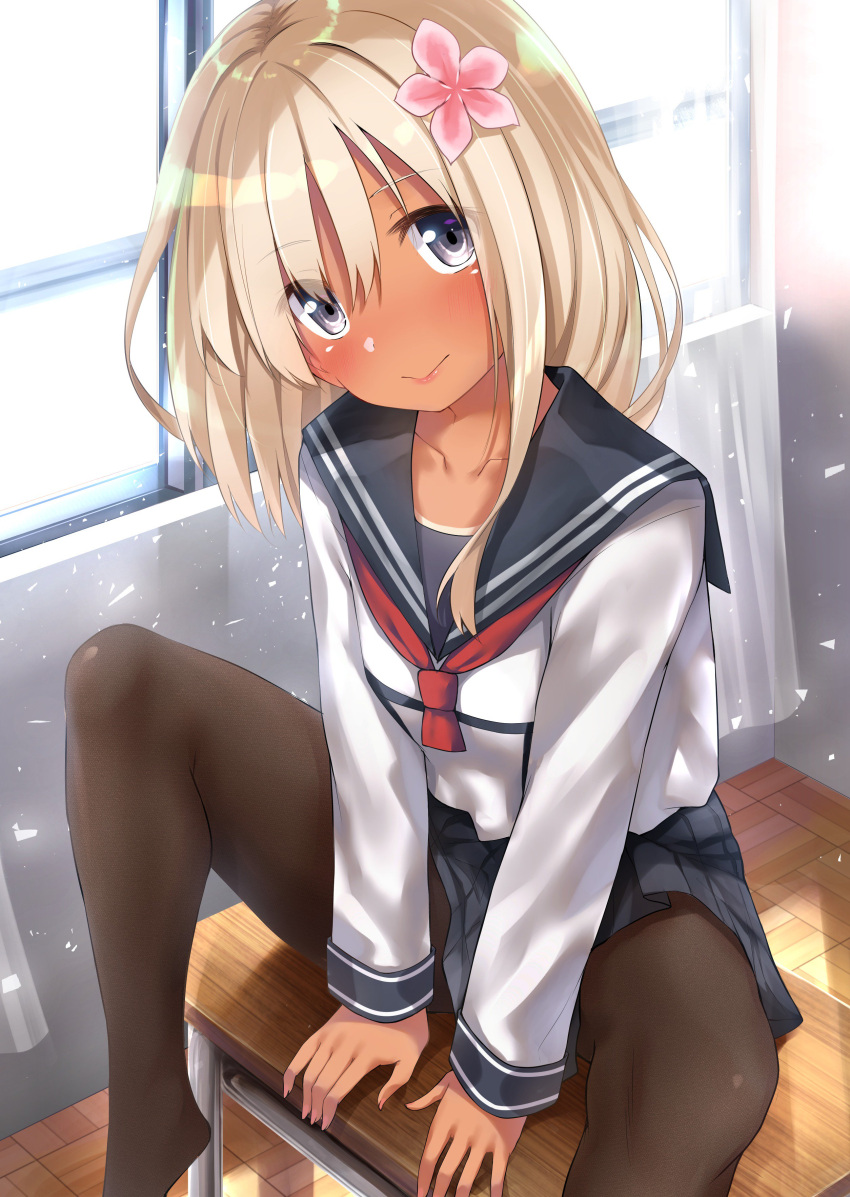 1girl absurdres alternate_costume black_skirt blonde_hair blush brown_legwear classroom collarbone commentary_request curtains day desk eyebrows_visible_through_hair eyes_visible_through_hair flower go-1 grey_eyes hair_between_eyes hair_flower hair_ornament highres indoors kantai_collection long_hair looking_at_viewer on_desk pantyhose ro-500_(kantai_collection) school_desk school_uniform serafuku sitting skirt smile solo spread_legs tan tanline window