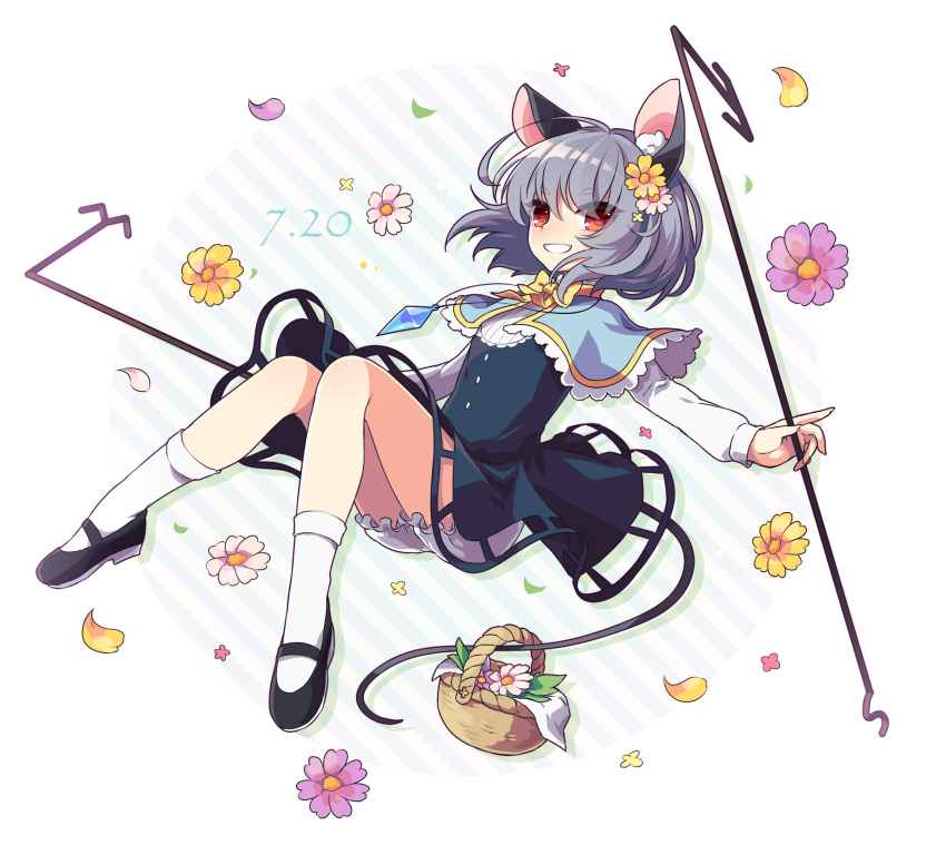 1girl :d absurdres ahoge animal_ears bangs basket black_dress black_shoes bloomers bow bowtie capelet dated dowsing_rod dress eyebrows_visible_through_hair flower full_body grey_hair hair_between_eyes highres holding jewelry kozakura_(dictionary) long_sleeves looking_at_viewer mary_janes mouse_ears mouse_tail nazrin necklace open_mouth petals red_eyes shoes short_hair smile socks solo striped striped_background tail touhou underwear white_legwear yellow_bow yellow_bowtie