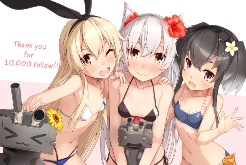 3girls ;d amatsukaze_(kantai_collection) bikini black_bikini black_hair blush breasts brown_eyes closed_mouth collarbone eyebrows_visible_through_hair fang flat_chest flower hair_flower hair_ornament hair_ribbon hairband halterneck hand_on_another's_shoulder hat hibiscus highleg highleg_bikini kantai_collection long_hair looking_at_viewer mini_hat multi-strapped_bikini multiple_girls navel one_eye_closed open_mouth outstretched_hand rensouhou-chan rensouhou-kun ribbon shimakaze_(kantai_collection) short_hair_with_long_locks side-tie_bikini small_breasts smile sweat swimsuit takanashie tokitsukaze_(kantai_collection) violet_eyes