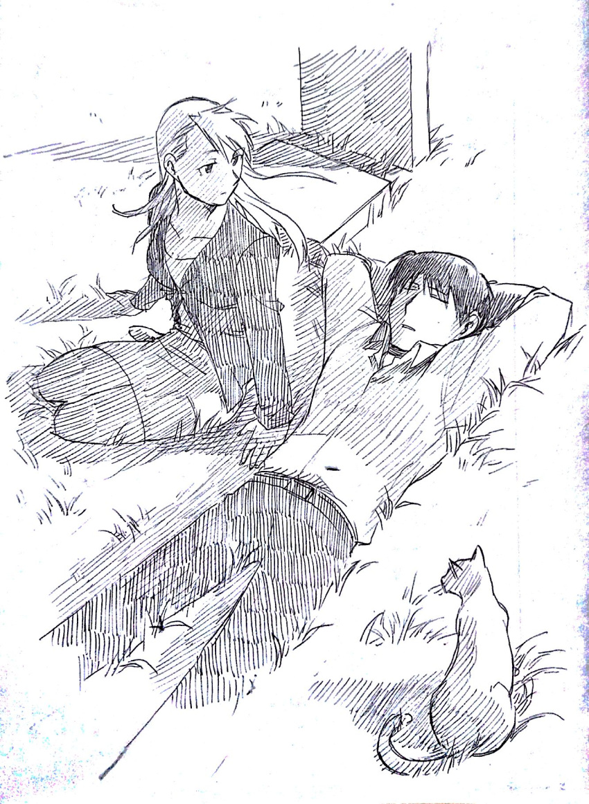 1boy 1girl animal arms_behind_head black_eyes black_hair blackfoxes cat closed_eyes dress eyebrows_visible_through_hair fullmetal_alchemist grass highres jacket long_hair looking_at_another lying monochrome on_back pants riza_hawkeye roy_mustang serious shirt short_hair simple_background sleeping tombstone white_background