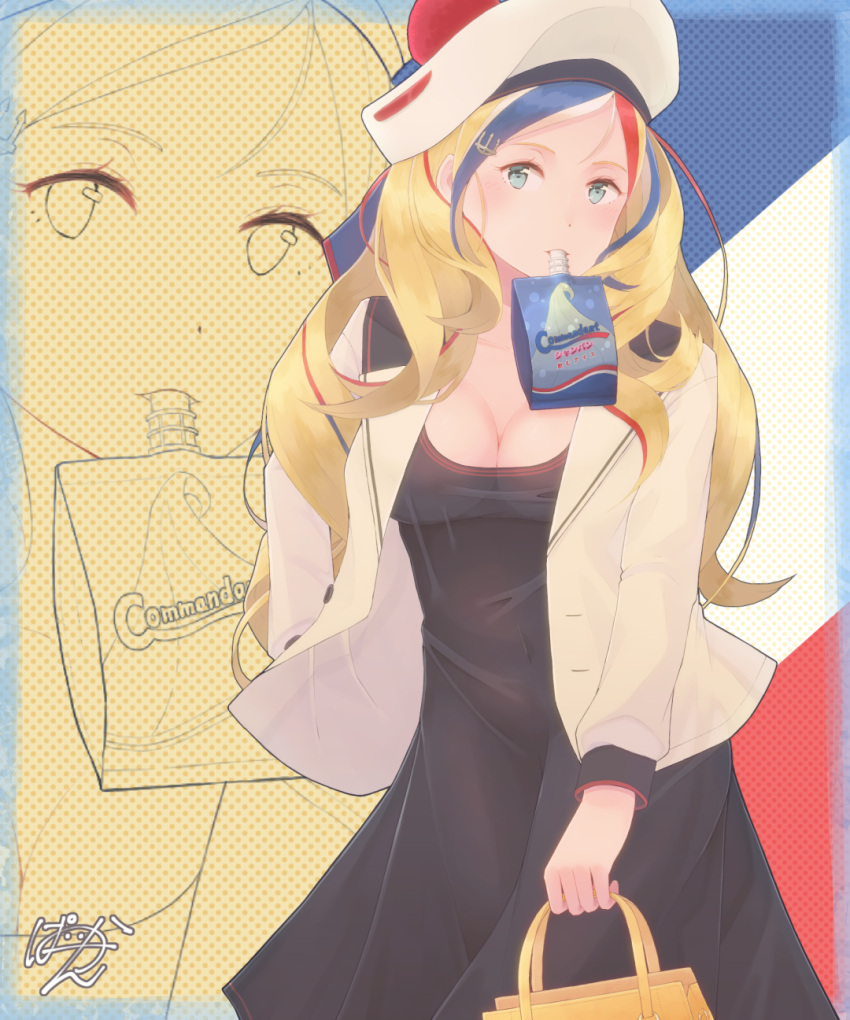 1girl adapted_costume bag beret black_dress blazer blonde_hair blue_eyes blue_hair breasts cleavage commandant_teste_(kantai_collection) dress hat highres jacket juice_box kantai_collection long_hair looking_at_viewer mouth_hold multicolored_hair paayan_(hagakinorock54) redhead signature solo streaked_hair white_hair zoom_layer