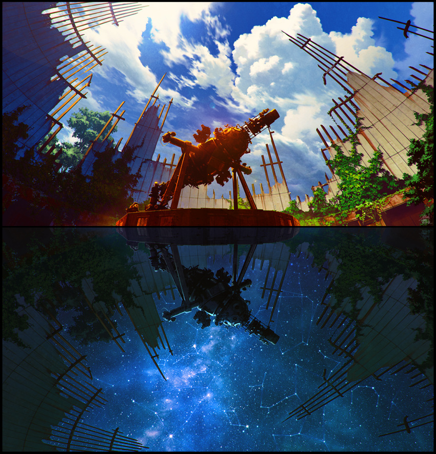 border clouds commentary constellation day_and_night fisheye mocha_(cotton) night night_sky no_humans original overgrown planetarium post-apocalypse ruins scenery sky star_(sky) starry_sky upside-down