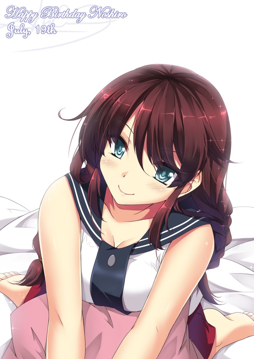 1girl auburn_hair bed_sheet blue_eyes blush braid breasts cleavage closed_mouth collarbone eyes_visible_through_hair happy_birthday highres kantai_collection kneeling large_breasts leaning_forward long_hair looking_at_viewer looking_up noshiro_(kantai_collection) pillow pleated_skirt red_skirt sailor_collar sheita shiny shiny_hair skirt smile twin_braids