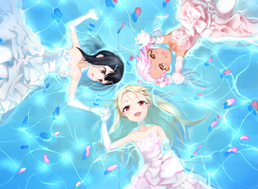 3girls :d alternate_costume black_hair blonde_hair bracelet chloe_von_einzbern circle_formation collarbone dark_skin dress elbow_gloves fate/kaleid_liner_prisma_illya fate_(series) flower from_above gloves hair_flower hair_ornament hairclip hand_holding illyasviel_von_einzbern jewelry kiomota long_hair looking_at_another looking_at_viewer looking_up miyu_edelfelt multiple_girls open_mouth outstretched_arms partially_submerged petals pink_dress pink_hair red_eyes side_ponytail smile strapless strapless_dress tile_floor tiles water wedding_dress white_dress white_gloves yellow_eyes