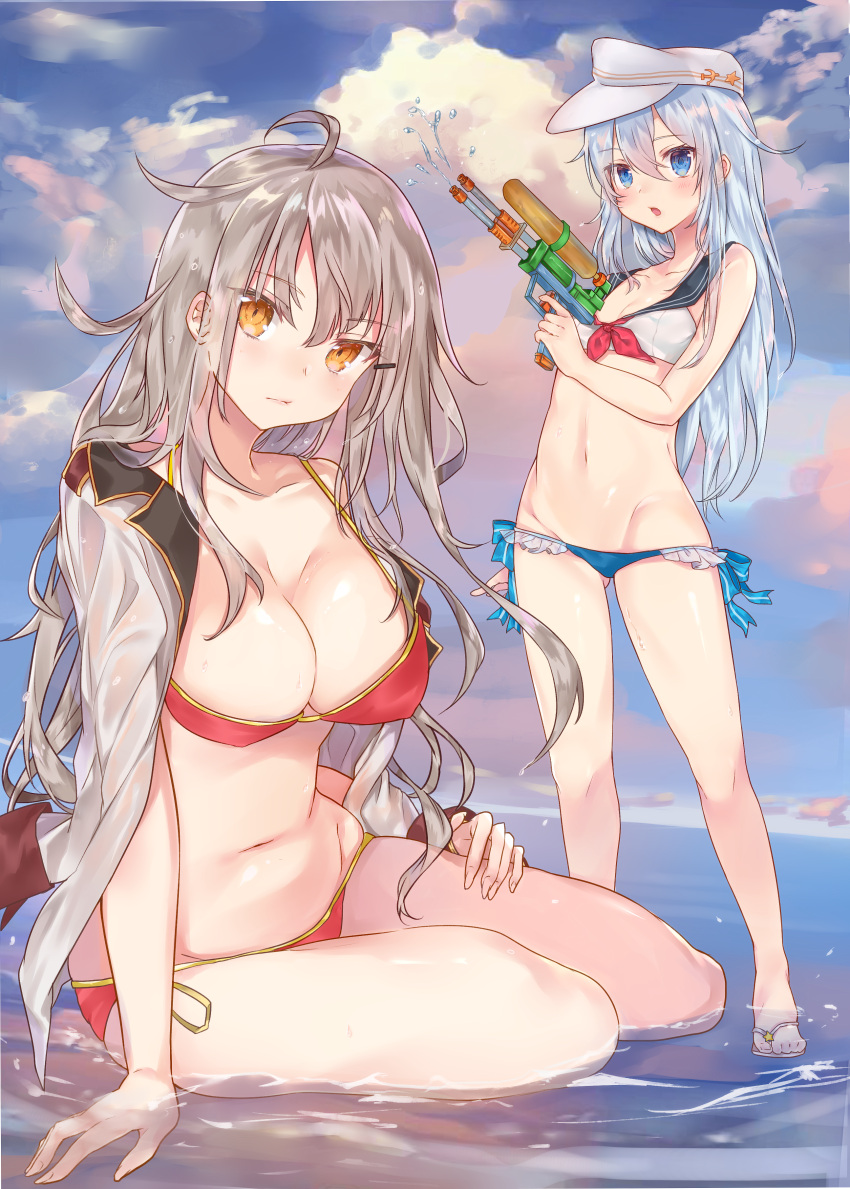 2girls absurdres arm_support bangs bare_legs bikini blue_eyes blue_hair breasts cleavage closed_mouth clouds cloudy_sky day eyebrows_visible_through_hair finger_on_trigger gangut_(kantai_collection) gluteal_fold grey_hair hair_between_eyes hair_ornament hairclip hat hibiki_(kantai_collection) highres hoshimiya_nazuna jacket_on_shoulders kantai_collection large_breasts long_hair looking_at_viewer lowleg lowleg_bikini multiple_girls navel open_mouth orange_eyes outdoors partially_submerged red_bikini sailor_bikini sailor_collar sandals side-tie_bikini sitting sky small_breasts standing swimsuit tsurime verniy_(kantai_collection) wading water_gun