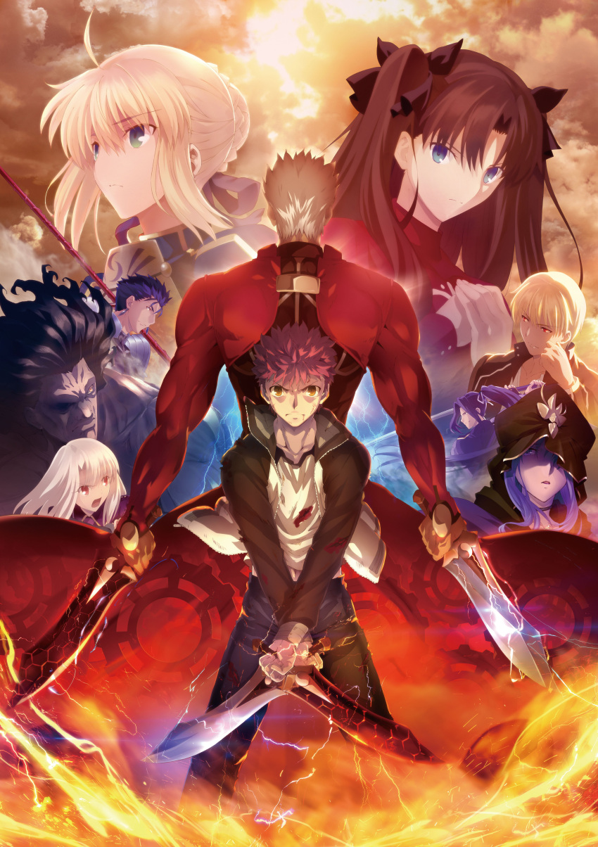 4girls 6+boys absurdres ahoge archer armor assassin_(fate/stay_night) back-to-back berserker black_hair blonde_hair blood blue_eyes blue_hair broad_shoulders brown_eyes brown_hair caster choker clouds collarbone dark_skin denim dual_wielding earrings electricity emiya_shirou fate/stay_night fate_(series) fire flame frown gae_bolg gears gilgamesh green_eyes hair_ribbon height_difference highres hood illyasviel_von_einzbern injury jacket japanese_clothes jeans jewelry kanshou_&amp;_bakuya lancer lipstick long_hair long_sleeves makeup monohoshizao multiple_boys multiple_girls muscle official_art ootachi open_mouth pants parted_lips polearm ponytail projected_inset puffy_sleeves purple_hair red_eyes redhead ribbon saber shaded_face shiny shiny_hair short_hair shoulder_pads shouting silver_hair smile spear sword tohsaka_rin torn_clothes twintails unzipped violet_eyes weapon white_hair yellow_eyes
