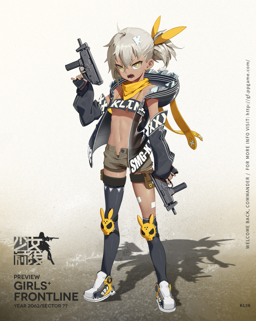 &gt;:o 1girl :o artist_request bandanna black_legwear breasts bright_pupils crop_top detached_sleeves full_body girls_frontline green_eyes grey_hair gun hair_between_eyes hair_ornament highres hood hoodie knee_pads midriff navel official_art open_fly revealing_clothes shoes short_shorts short_sidetail shorts single_over-kneehigh single_thighhigh sleeveless_jacket sleeves_past_wrists small_breasts sneakers solo standing strapless submachine_gun thigh-highs thigh_strap trigger_discipline tubetop under_boob weapon white_pupils