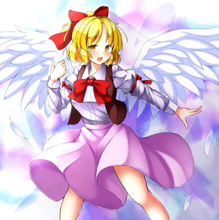 1girl :d aka_tawashi bangs blonde_hair blush bow bowtie breasts commentary_request eyebrows_visible_through_hair feathered_wings feathers gengetsu hair_bow highres juliet_sleeves long_sleeves looking_at_viewer medium_breasts open_mouth pink_skirt puffy_sleeves red_bow red_bowtie short_hair skirt smile solo touhou touhou_(pc-98) white_wings wings yellow_eyes