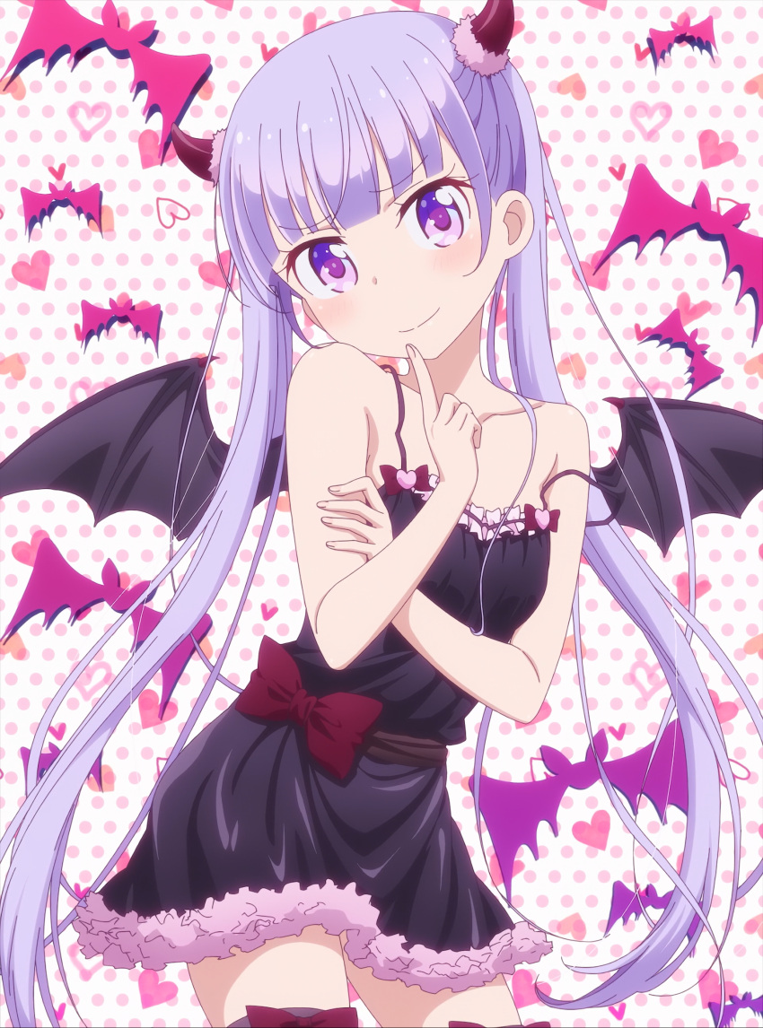 &gt;:) 1girl absurdres bare_shoulders bat black_dress blue_hair blush demon_girl demon_horns demon_wings dress finger_to_face hand_on_own_arm heart highres horns long_hair looking_at_viewer new_game! open_mouth pointing pointing_at_self polka_dot polka_dot_background ribbon sash screencap shiny shiny_hair smile solo stitched succubus suzukaze_aoba very_long_hair violet_eyes wings
