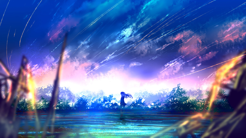 1girl absurdres blue_sky blurry clouds cloudy_sky depth_of_field floating_hair goroku highres long_hair nature original outdoors scenery skirt sky solo standing tree wind