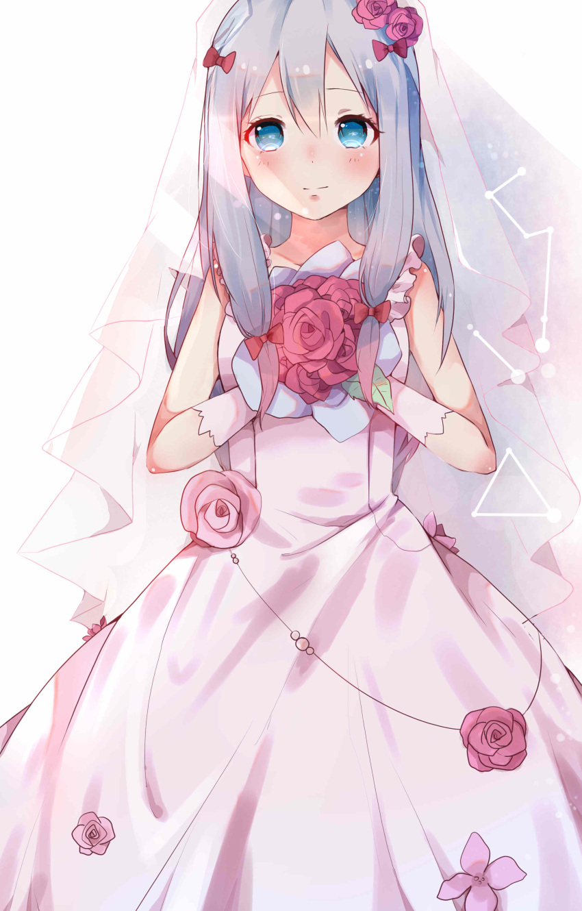 1girl absurdres bangs blush bouquet bow bridal_veil dress eromanga_sensei flower frilled_dress frills gloves hair_between_eyes hair_bow hair_flower hair_ornament hands_up highres holding holding_bouquet izumi_sagiri kanari_rakuko light_smile long_hair looking_at_viewer pink_bow pink_flower pink_rose rose sidelocks simple_background smile solo veil wedding_dress white_background white_dress white_gloves