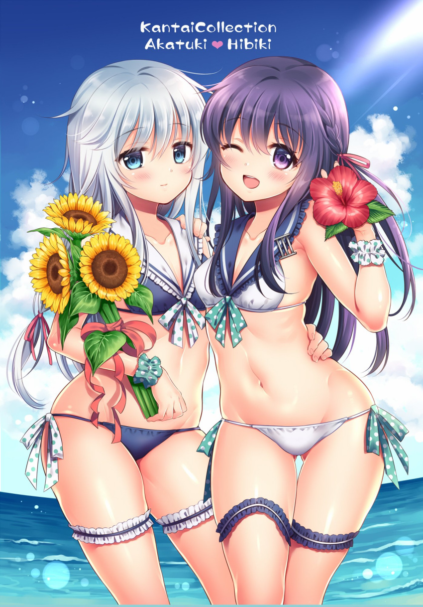 2girls akatsuki_(kantai_collection) anchor_symbol bikini black_bikini blue_eyes breasts character_name copyright_name cowboy_shot flat_cap flower hat hibiki_(kantai_collection) highres horizon kantai_collection light_rays long_hair looking_at_viewer multiple_girls ocean purple_hair sailor_bikini sailor_collar sasachin_(k+w) side-tie_bikini silver_hair small_breasts standing sunbeam sunflower sunlight swimsuit violet_eyes white_bikini