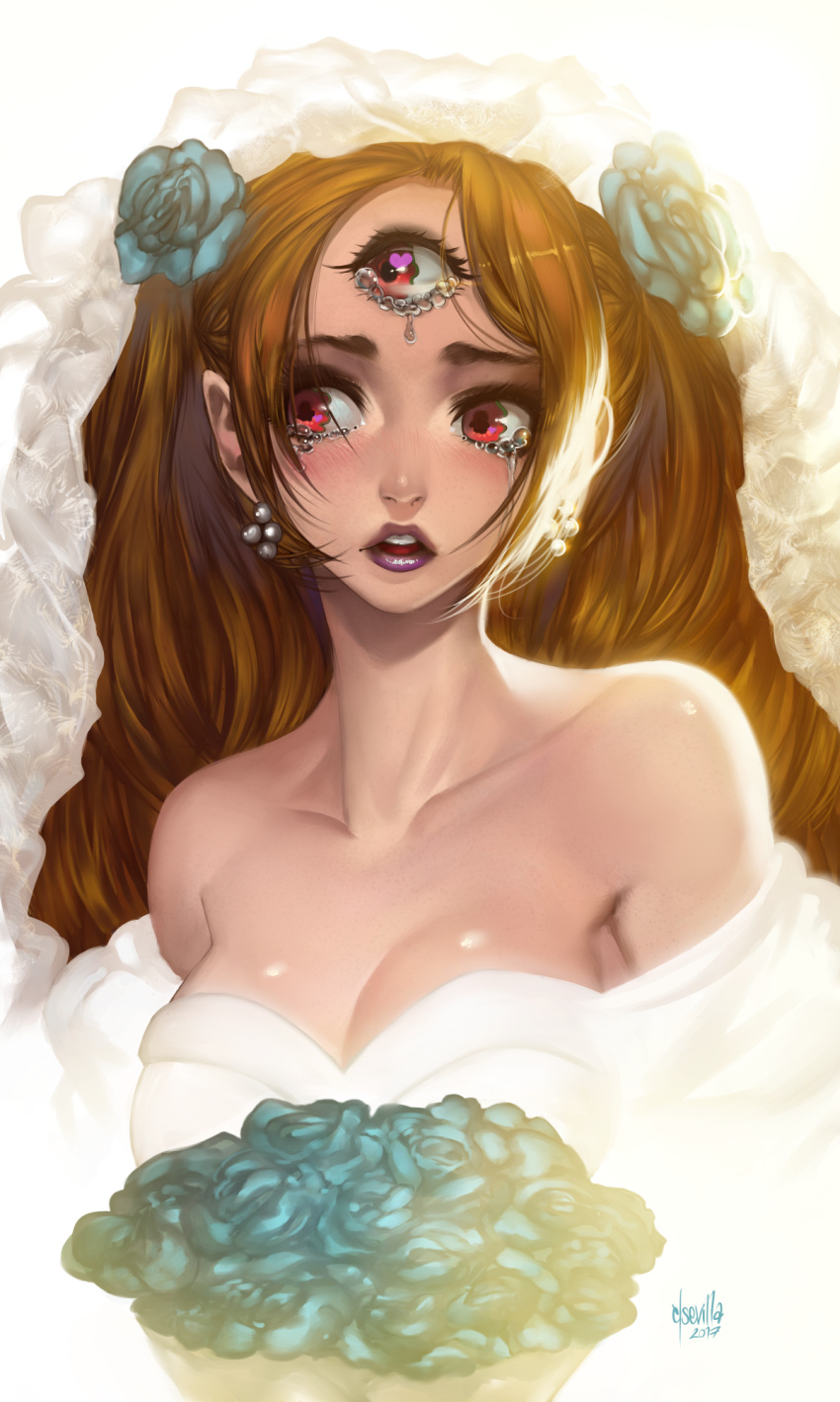 1girl artist_name bare_shoulders blush bouquet breasts bridal_veil brown_hair charlotte_pudding cleavage crying curly_hair earrings flower hair_flower hair_ornament hector_enrique_sevilla_lujan highres jewelry long_hair one_piece open_mouth portrait simple_background solo teeth third_eye twintails upper_body veil white_background