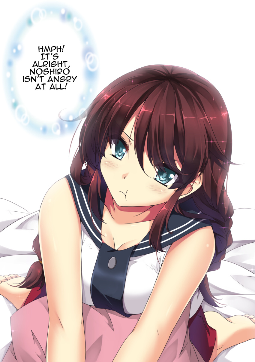 1girl auburn_hair bed_sheet blue_eyes blush braid breasts cleavage collarbone english eyes_visible_through_hair highres kantai_collection kneeling large_breasts leaning_forward long_hair looking_at_viewer looking_up noshiro_(kantai_collection) pillow pleated_skirt pout red_skirt sailor_collar sheita shiny shiny_hair skirt twin_braids