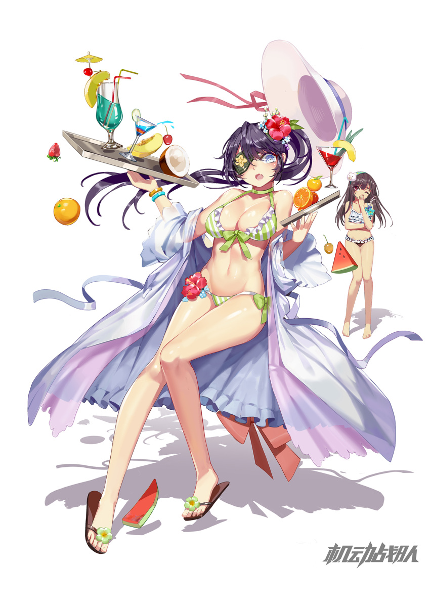 2girls :o bikini black_hair blue_eyes blush bracelet breasts cleavage coconut drink eyepatch fang flower food frilled_bikini frills fruit full_body groin hair_flower hair_ornament halter_top halterneck hat hibiscus highres jewelry long_hair medium_breasts melon multiple_girls navel open_clothes open_mouth open_robe orange original ponytail robe sandals standing stomach strawberry striped striped_bikini swimsuit tripping watermelon white_hat zjsstc
