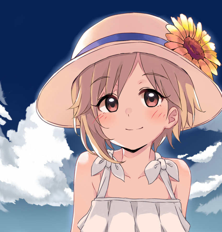 10s 1girl aiba_yumi bare_shoulders blue_sky blush brown_eyes brown_hair clouds cloudy_sky day dress eyebrows_visible_through_hair flower hat hat_flower highres idolmaster idolmaster_cinderella_girls kirarin369 looking_at_viewer outdoors short_hair sky sleeveless sleeveless_dress smile solo sun_hat sundress sunflower upper_body white_dress