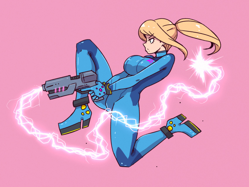 1girl aiming akairiot ankle blonde_hair blue_bodysuit bodysuit bracelet breasts closed_mouth electricity emblem from_side frown full_body gloves green_eyes gun handgun high_heels high_ponytail highres holding holding_gun holding_weapon jewelry knee_up large_breasts leaning_back looking_to_the_side metroid mole mole_under_mouth one_knee paralyzer pink_background ponytail profile samus_aran serious sidelocks simple_background solo stun_gun super_smash_bros. trigger_discipline turtleneck v_arms weapon zero_suit