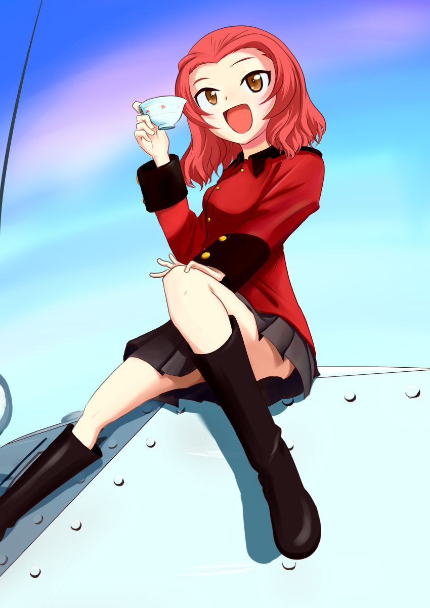1girl absurdres bangs black_boots black_skirt boots brown_eyes commentary_request crusader_(tank) cup day epaulettes full_body girls_und_panzer ground_vehicle highres jacket long_sleeves military military_uniform military_vehicle miniskirt motor_vehicle open_mouth outdoors parted_bangs pleated_skirt red_jacket redhead rosehip shadow short_hair sitting skirt sky smile solo st._gloriana's_military_uniform tank teacup uniform
