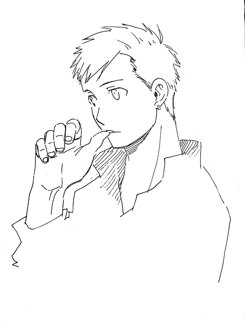 1boy alphonse_elric blackfoxes earrings finger_to_mouth fingernails fullmetal_alchemist highres jewelry looking_away male_focus monochrome serious shirt short_hair simple_background solo_focus white_background