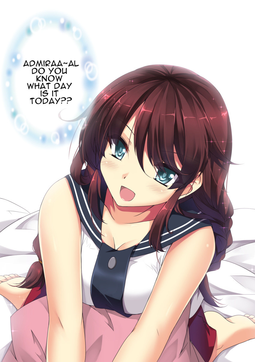 1girl auburn_hair bed_sheet blue_eyes blush braid breasts cleavage collarbone english eyes_visible_through_hair highres kantai_collection kneeling large_breasts leaning_forward long_hair looking_at_viewer looking_up noshiro_(kantai_collection) open_mouth pillow pleated_skirt red_skirt sailor_collar sheita shiny shiny_hair skirt twin_braids