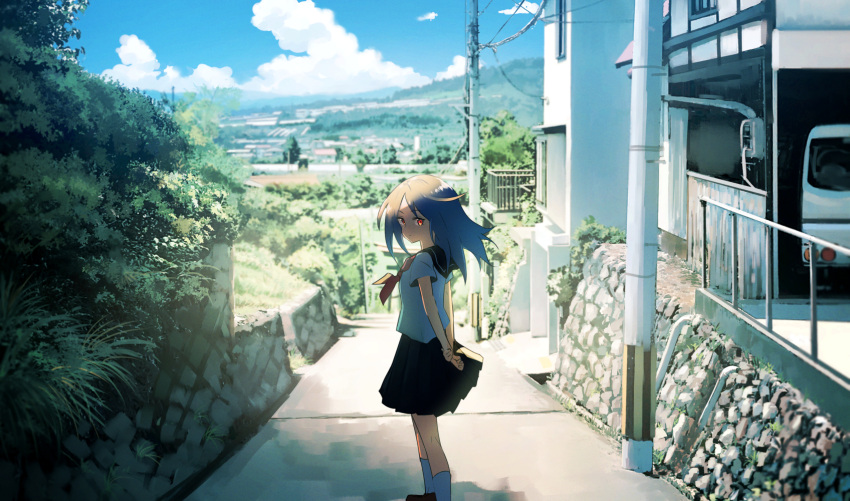 1girl arms_behind_back black_skirt blouse blue_sky bush closed_mouth clouds cloudy_sky day grey_hair highres inami_hatoko kneehighs long_hair looking_at_viewer looking_back neckerchief original outdoors path pleated_skirt power_lines red_eyes red_neckerchief road scenery school_uniform serafuku short_sleeves skirt sky solo standing white_blouse white_legwear