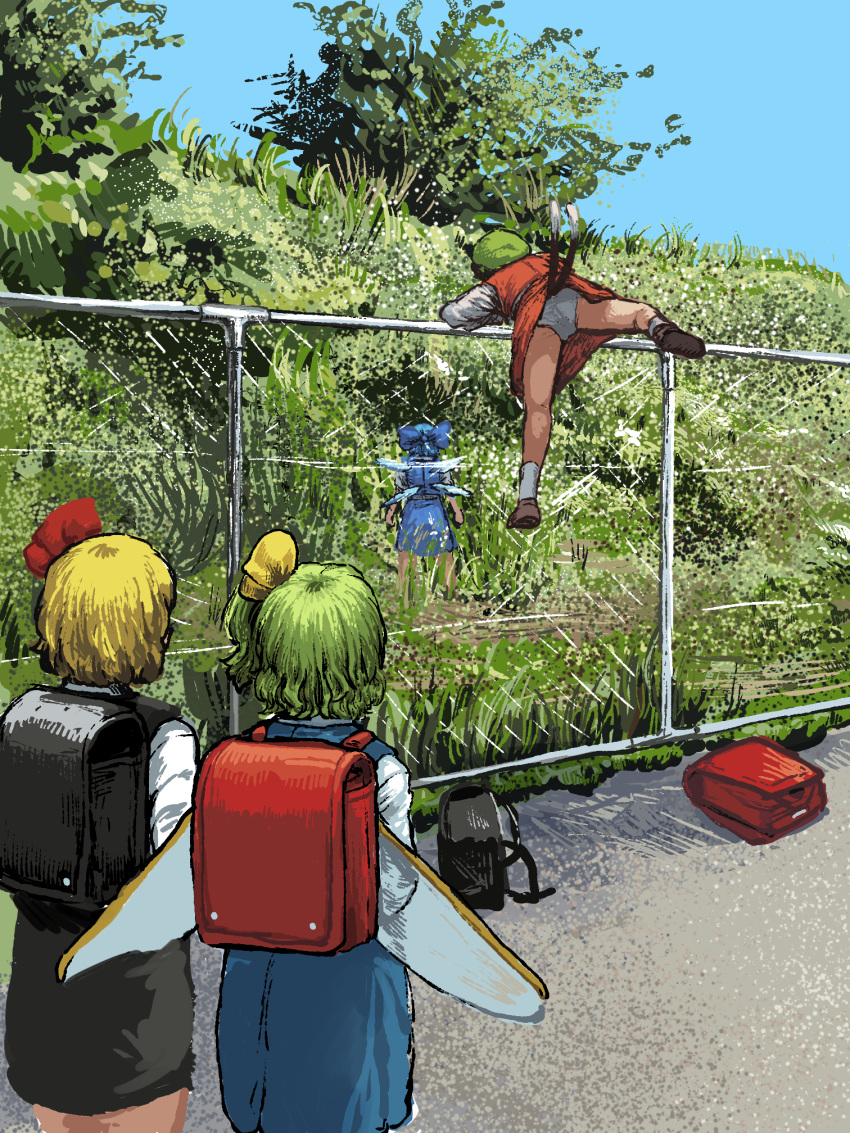 4girls adapted_costume animal_ears backpack backpack_removed bag black_skirt black_vest blue_hair blue_skirt blue_sky blue_vest bow bush cat_ears chanta_(ayatakaoisii) chen cirno climbing commentary_request daiyousei day fairy_wings fence from_behind grass green_hair hair_bow hair_ribbon highres ice ice_wings long_sleeves looking_at_another multiple_girls multiple_tails outdoors panties pantyshot red_skirt red_vest ribbon road rumia shirt side_ponytail skirt skirt_set sky standing tail touhou two_tails underwear vest wavy_hair white_panties white_shirt wings