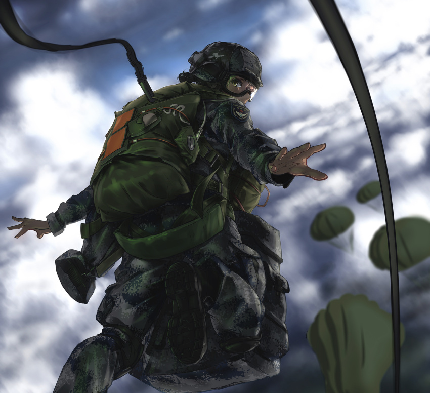 1girl assault_rifle boots camouflage goggles gun helmet highres jumping looking_at_viewer military military_uniform original parachute people's_liberation_army rifle short_ponytail sky skydive soldier tantu_(tc1995) uniform weapon