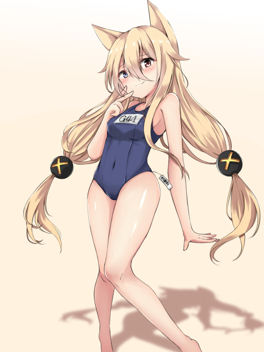 1girl animal_ears bangs beige_background blonde_hair blue_eyes blue_swimsuit blush breasts brown_eyes closed_mouth covered_navel error eyebrows_visible_through_hair fox_ears g41_(girls_frontline) girls_frontline gradient gradient_background hair_between_eyes hair_bobbles hair_ornament hakuya_(white_night) hand_up heterochromia highres long_hair looking_at_viewer low_twintails name_tag one-piece_swimsuit school_swimsuit shadow small_breasts smile solo standing swimsuit thighs twintails very_long_hair