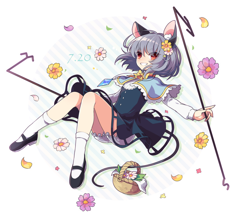 1girl :d absurdres ahoge animal_ears bangs basket black_dress black_shoes bloomers bow bowtie capelet commentary_request dated dowsing_rod dress eyebrows_visible_through_hair flower full_body grey_hair hair_between_eyes hair_flower hair_ornament highres holding jewelry knees_together_feet_apart kozakura_(dictionary) long_sleeves looking_at_viewer mary_janes mouse_ears mouse_tail nazrin necklace open_mouth petals red_eyes shoes short_hair smile socks solo striped striped_background tail touhou underwear white_legwear yellow_bow yellow_bowtie
