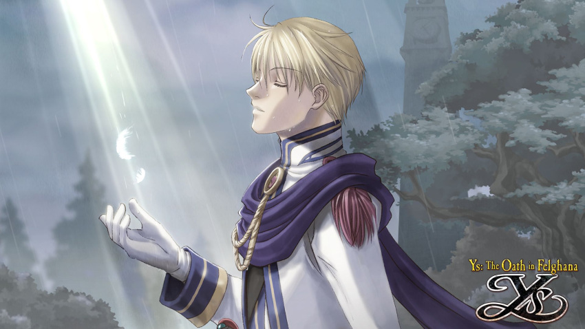 1boy blonde_hair chester_stoddart closed_eyes copyright_name feathers highres official_art rain solo sword weapon wet ys ys_iii_wanderers_of_ys