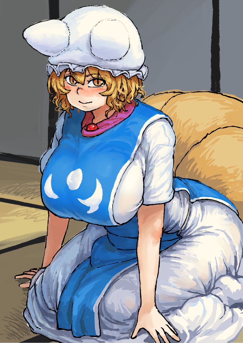 1girl adapted_costume blonde_hair blush breasts chanta_(ayatakaoisii) curvy dress fox_tail hat highres huge_breasts indoors looking_at_viewer multiple_tails pillow_hat seiza short_hair short_sleeves sitting slit_pupils smile socks solo tabard tail tatami thick_thighs thighs touhou white_dress white_legwear wide_hips yakumo_ran