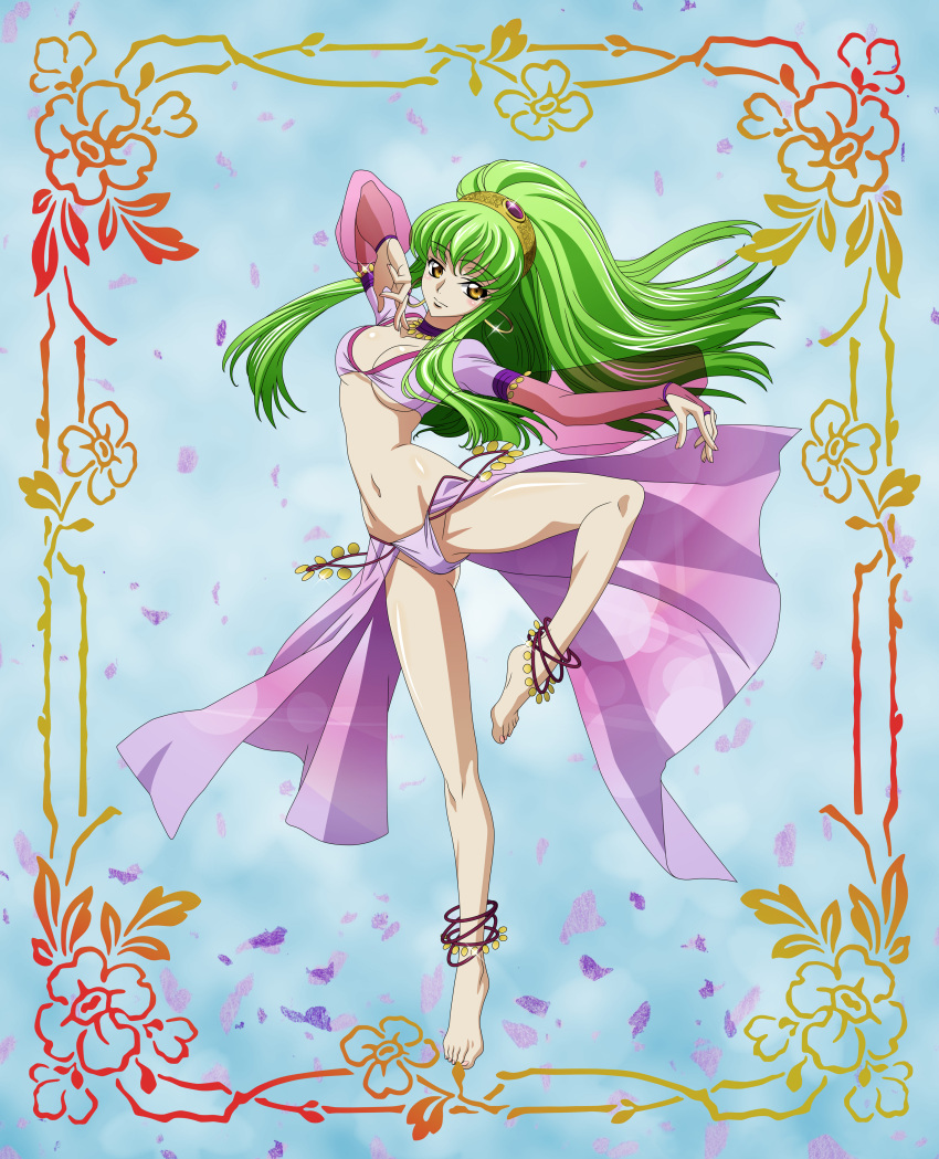 anklet barefoot breasts c.c. cc cleavage code_geass feet green_hair gypsy hairband highres jewelry long_hair midriff thighs vector_trace yellow_eyes