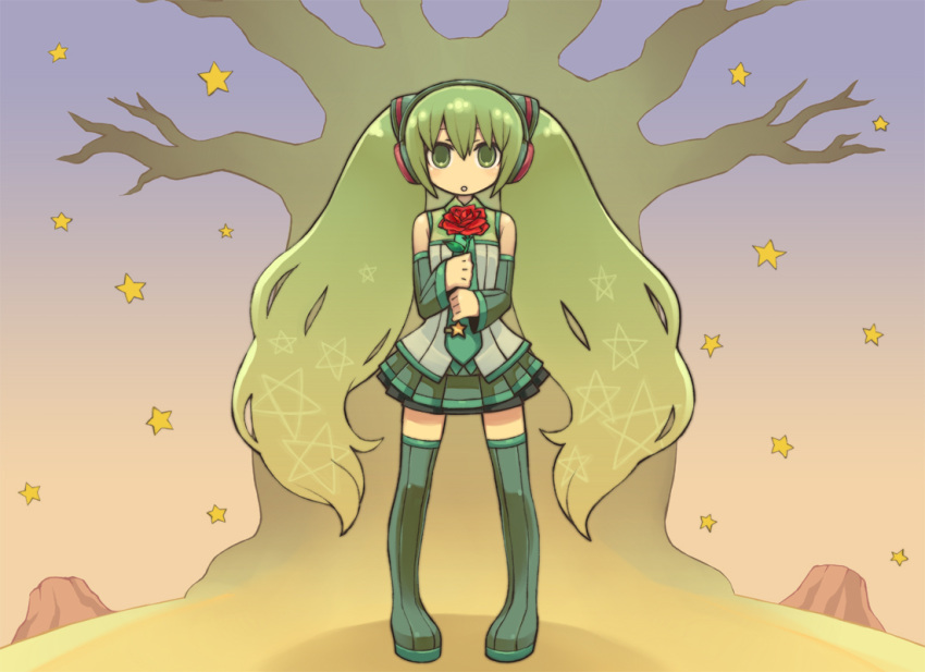 chan_co detached_sleeves flower green_eyes green_hair hatsune_miku long_hair necktie patterned red_rose rose roses skirt star stars thigh-highs thigh_boots thighhighs tree trees twintails vocaloid