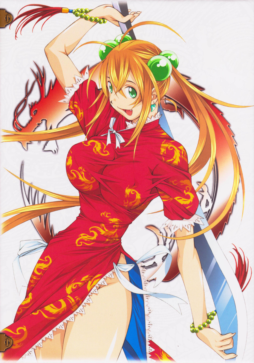 :d antenna_hair arm_up bangs beads bracelet breasts china_dress chinadress chinese_clothes dragon earrings erect_nipples fang fingernails green_eyes hair_bobbles hair_ornament highres ikkitousen jewelry lace large_breasts long_fingernails long_hair magatama narrow_waist no_panties official_art open_mouth orange_hair polearm ribbon scan shiozaki_yuji side_slit smile sonsaku_hakufu spear taut_shirt thighs twintails very_long_hair weapon