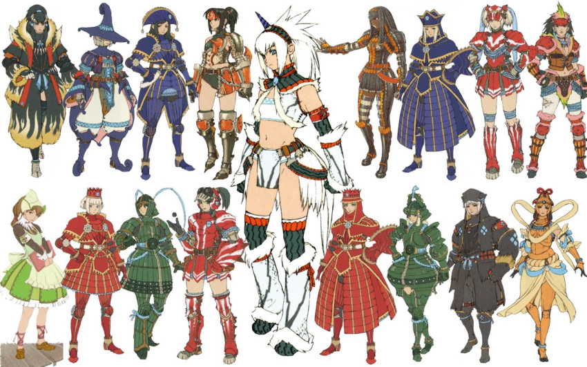 armband armor armored_dress baggy_pants bandeau bangs belt black_hair blonde_hair book boots breasts brown_hair chameleos_(armor) cleavage conga_(armor) crop_top crossed_legs crown dark_skin dress elbow_gloves everyone flat_chest forehead_protector fur fur_trim gloves guardian_spirit_(armor) gypceros_(armor) hand_on_hip hands_on_hips hat helmet helper_(armor) hermitaur_(armor) holding horn horns kirin kirin_(armor) knee_boots kuroobi_(armor) leg_warmers lineup loafers loincloth long_sleeves looking_at_viewer lunastra_(armor) midriff monster_hunter multiple_girls navel official_art pleated_skirt ponytail rajang_(armor) ribbon ribbons shen_gaoren_(armor) shoes short_hair short_twintails silver_hair simple_background sitting skirt spiked_hair standing teostra_(armor) thigh-highs thigh_boots thigh_strap thighhighs torn_clothes turtleneck twintails white_hair wide_sleeves witch_hat wrist_cuffs zettai_ryouiki