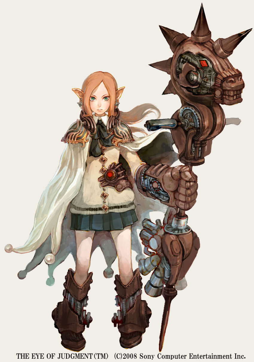 boots cape earrings green_eyes highres jewelry long_hair mechanical_parts pointy_ears ponytail shoulder_pads shun skirt staff the_eye_of_judgement weapon