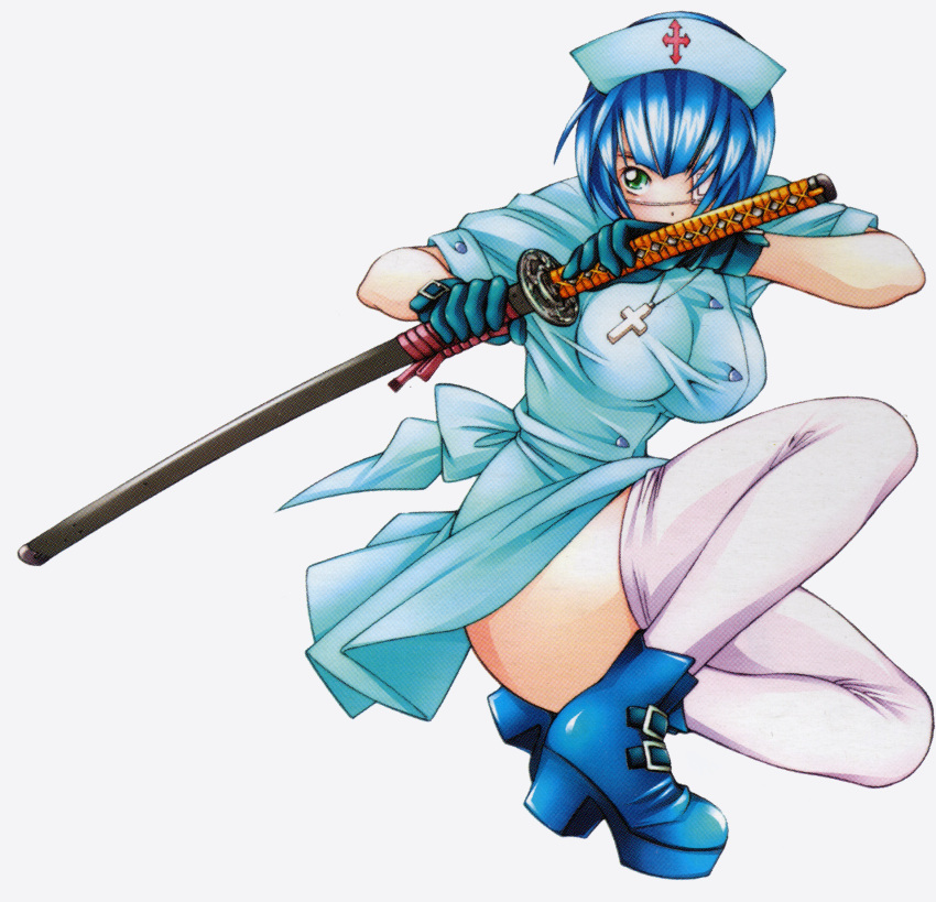 blue_hair boots breasts buttons cross dress eyepatch fighting_stance gloves green_eyes hat high_heels highres ikkitousen jewelry katana large_breasts necklace nurse nurse_cap official_art platform_footwear ryomou_shimei scan scan_artifacts sheath shiozaki_yuji shoes short_hair simple_background solo squatting strap sword taut_shirt thigh-highs thighhighs weapon white_legwear