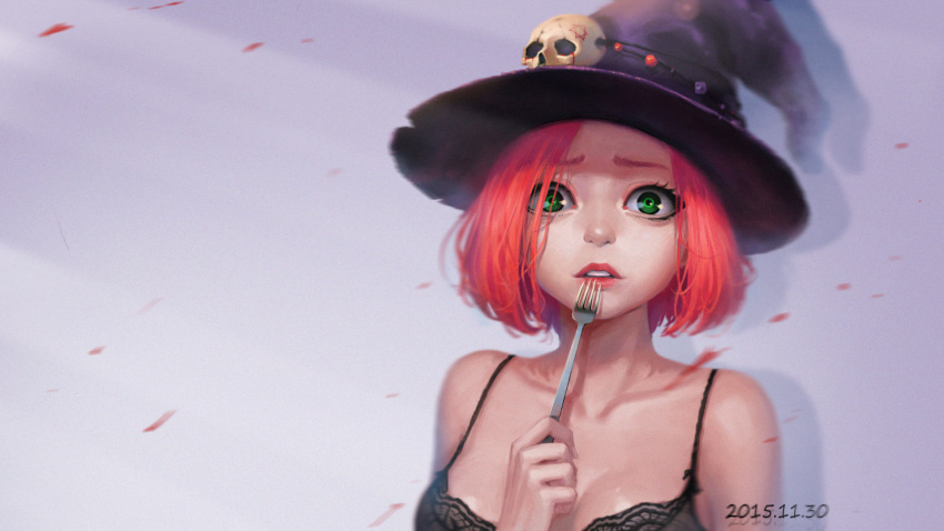 1girl black_bra black_hat bra breasts cleavage collarbone dated fork green_eyes hat highres holding holding_fork large_breasts luode_huayuan original parted_lips pink_hair short_hair skull solo underwear upper_body witch_hat