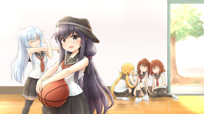 5girls :d adapted_costume against_wall akatsuki_(kantai_collection) alternate_hairstyle basketball black_legwear blonde_hair blush brown_hair closed_eyes commentary_request flat_cap from_behind hair_ornament hairclip hat hibiki_(kantai_collection) highres ikazuchi_(kantai_collection) inazuma_(kantai_collection) indoors kantai_collection long_hair looking_at_viewer low_twintails multiple_girls neckerchief open_mouth panties pantyshot pantyshot_(sitting) pleated_skirt ponytail purple_hair sailor_collar satsuki_(kantai_collection) school_uniform seiza serafuku sitting skirt sleeping sleeveless smile squatting stretch thigh-highs tree twintails underwear violet_eyes wamu_(chartreuse) white_hair white_panties
