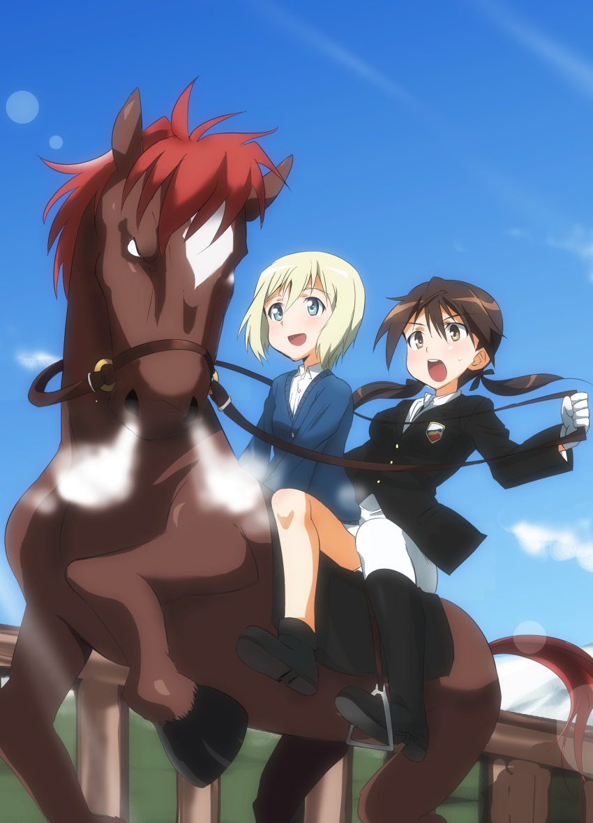 2girls absurdres alternate_costume bangs black_boots black_jacket black_ribbon black_shoes blonde_hair blue_eyes blue_sweater boots breath brown_eyes brown_hair casual day dress_shirt emblem equestrian erica_hartmann eyebrows_visible_through_hair gertrud_barkhorn gloves hair_ribbon highres horse horseback_riding jacket lens_flare long_sleeves miniskirt multiple_girls official_style open_mouth outdoors panties ribbon riding shirt shoes skirt sky smile strike_witches sweatdrop sweater twintails underwear v-neck white_gloves white_panties white_shirt white_skirt world_witches_series yumekaranigeruna