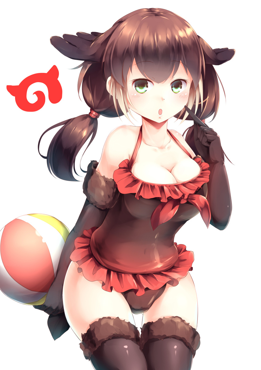 1girl absurdres ball bare_shoulders black_gloves breasts brown_hair cleavage collarbone commentary_request detached_sleeves elbow_gloves gloves green_eyes highres kanzakietc kemono_friends large_breasts looking_at_viewer northern_fur_seal_(kemono_friends) solo thigh-highs