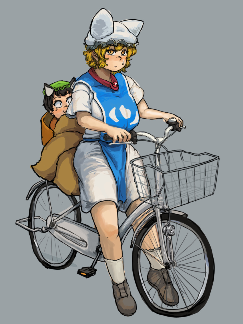 2girls :3 animal_ears basket bicycle black_hair blonde_hair breasts cat_ears chanta_(ayatakaoisii) chen child dress extra_ears fox_ears fox_tail grey_background grey_shoes ground_vehicle hat highres huge_breasts large_breasts looking_at_viewer multiple_girls multiple_tails pillow_hat revision riding shoes short_hair shorts simple_background slit_pupils socks sweatdrop tabard tail thighs touhou white_dress white_legwear yakumo_ran