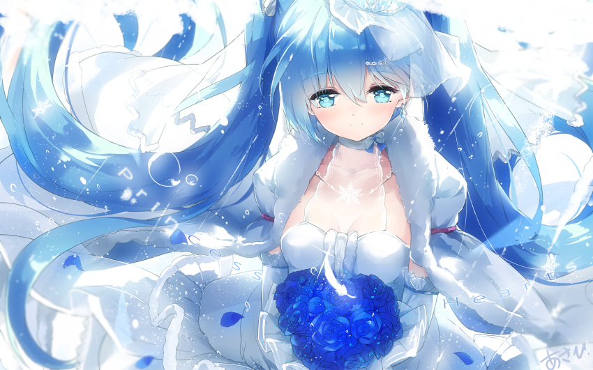 1girl blue_eyes blue_hair blue_rose bouquet commentary_request dress flower hatsune_miku highres jewelry k.syo.e+ long_hair looking_at_viewer necklace petals rose snowflakes solo twintails very_long_hair vocaloid wedding_dress white_dress