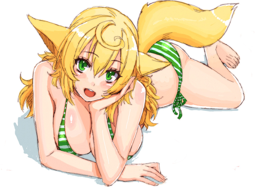 1girl :d ahoge angelo_(gomahangetsu) animal_ears ass bare_legs barefoot bikini blonde_hair blush breast_rest breasts chin_rest cleavage green_bikini green_eyes hair_between_eyes head_rest kaori-san_(angelo) large_breasts legs long_hair looking_at_viewer lying on_stomach open_mouth original side-tie_bikini smile solo striped striped_bikini swimsuit tail thighs wavy_hair