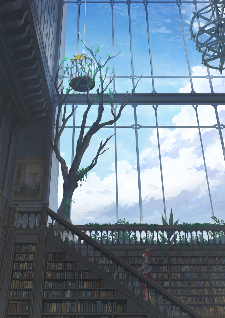 1girl absurdres birdcage book brown_hair cage clouds commentary_request from_side highres indoors jacket library long_hair mitsuki_(yu_hsiang_yi) original painting_(object) railing red_skirt skirt solo stairs standing topknot tree window