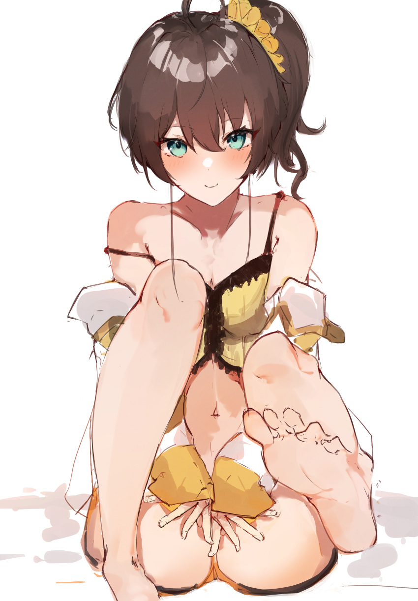 1girl absurdres ahoge bangs barefoot blue_eyes blush brown_hair camisole closed_mouth covering covering_crotch frilled_camisole hair_between_eyes highres hololive jacket long_sleeves looking_at_viewer loungewear medium_hair natsuiro_matsuri navel orange_shorts scrunchie short_shorts shorts side_ponytail sitting sketch smile solo strap_slip striped striped_jacket virgo76612871 virtual_youtuber white_background white_jacket yellow_camisole yellow_jacket yellow_scrunchie