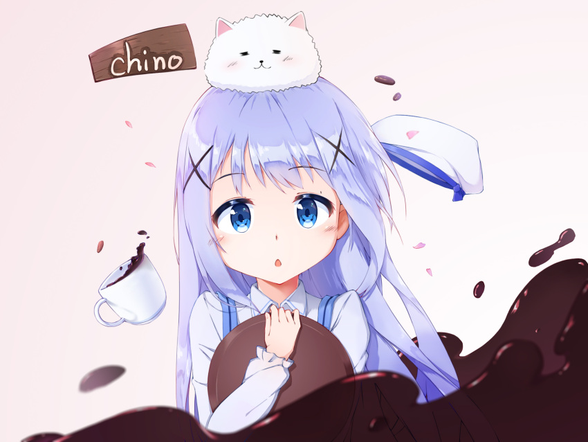 1girl :o angora_rabbit animal animal_on_head bangs blue_eyes blue_vest blush bunny_on_head character_name chestnut_mouth coffee coffee_beans coffee_cup coffeiz_p collared_shirt eyebrows_visible_through_hair fleur_de_lapin_uniform gochuumon_wa_usagi_desu_ka? gradient gradient_background hair_ornament hairclip hat hat_removed headwear_removed highres holding holding_tray kafuu_chino light_blue_hair long_hair long_sleeves looking_at_viewer on_head open_mouth petals rabbit rabbit_house_uniform shirt sidelocks spill tippy_(gochiusa) tray two-tone_background uniform upper_body vest white_hat wing_collar x_hair_ornament