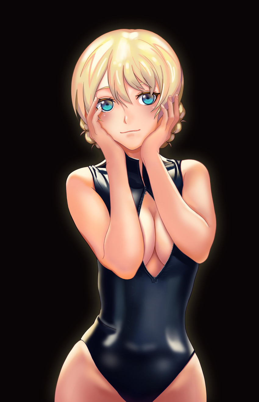 1girl absurdres black_background blonde_hair blue_eyes blue_swimsuit blush braid breasts cleavage cleavage_cutout commentary_request darjeeling front_zipper_swimsuit girls_und_panzer hair_between_eyes hands_on_own_face highres large_breasts looking_at_viewer meme_attire one-piece_swimsuit short_hair simple_background smile solo standing swimsuit tied_hair twin_braids unzipped zhao_shixuan zipper