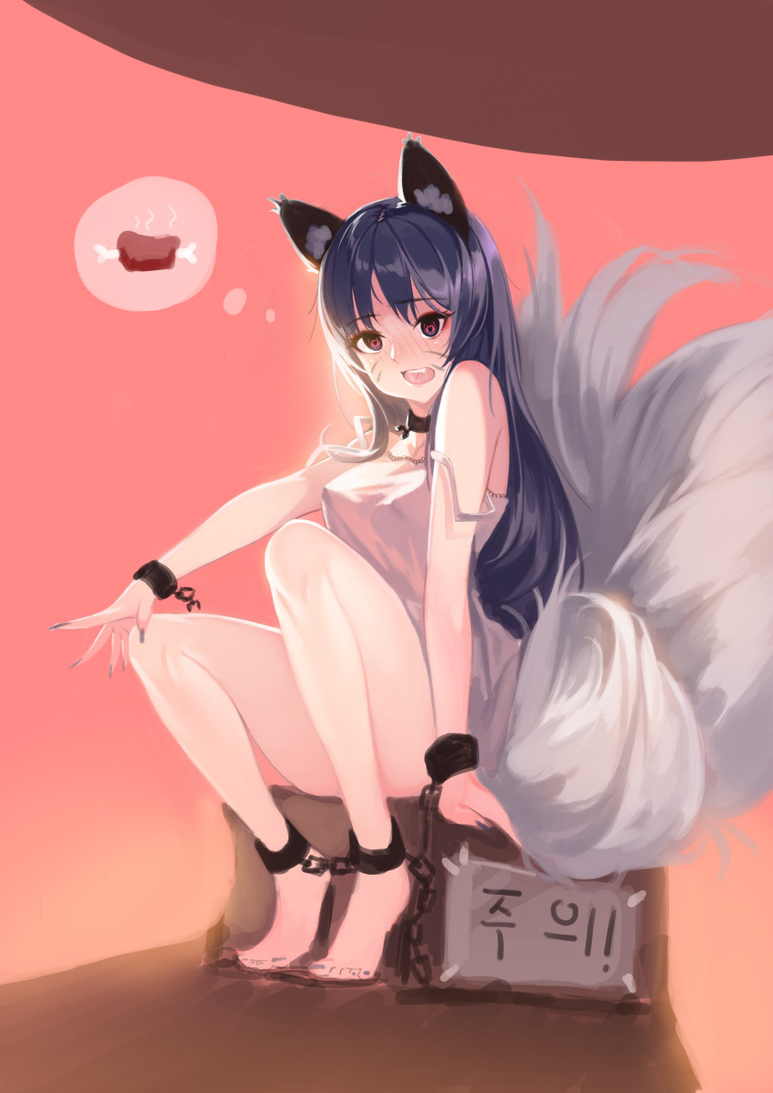 1girl absurdres ahri alternate_costume animal_ears aowltus209 arm_support barefoot black_hair blue_eyes blue_nails blush boned_meat camisole chains choker cuffs erect_nipples fingernails food fox_ears fox_girl fox_tail handcuffs heart heart-shaped_pupils highres kitsune knees korean league_of_legends legs long_fingernails long_hair looking_at_viewer meat nail_polish off_shoulder open_mouth outstretched_arm pink_background red_pupils shackles sitting solo symbol-shaped_pupils tail thighs thought_bubble toes translation_request whisker_markings